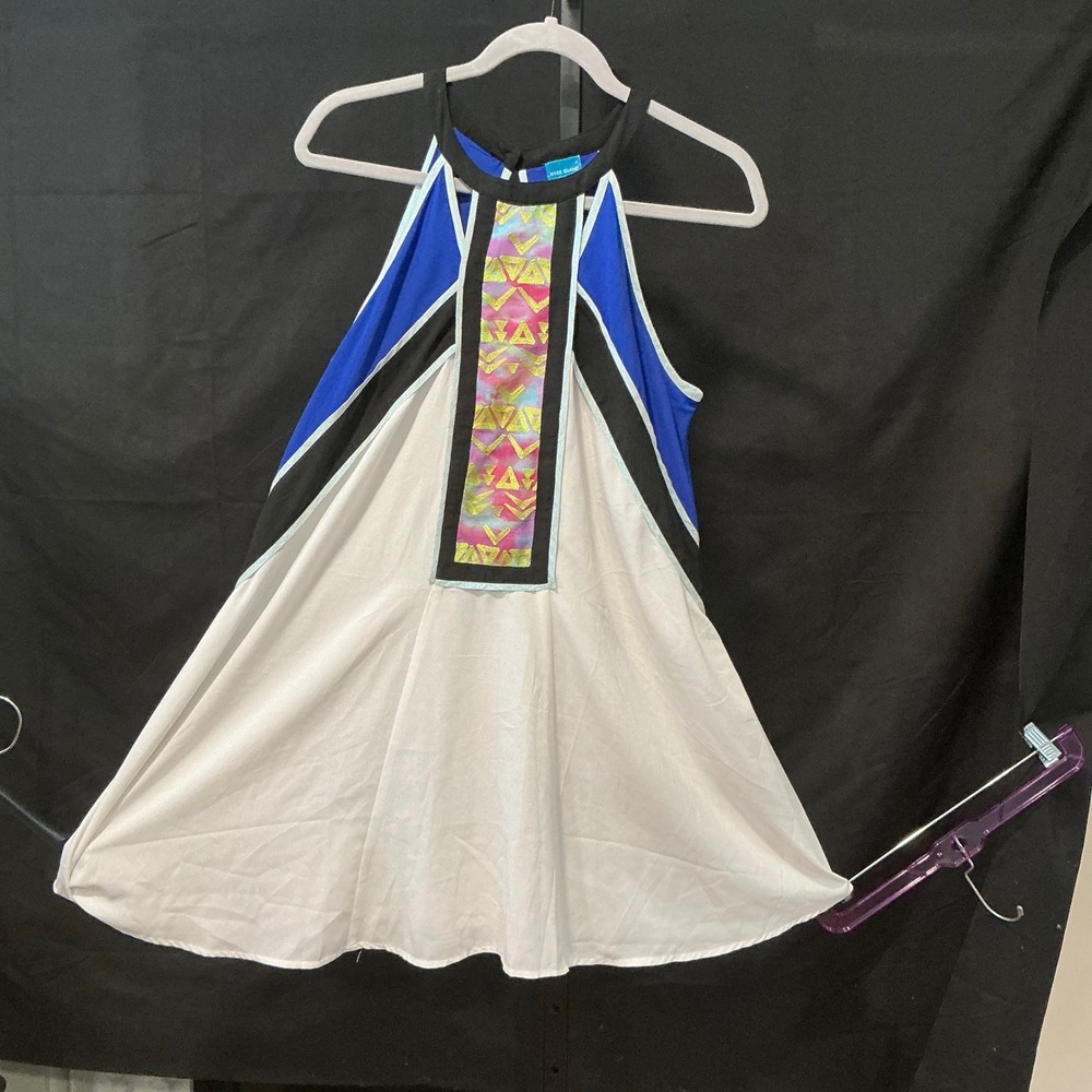 River Island Halter Mini‎ Dress Blue White Colorblock Geometric Tribal Boho L